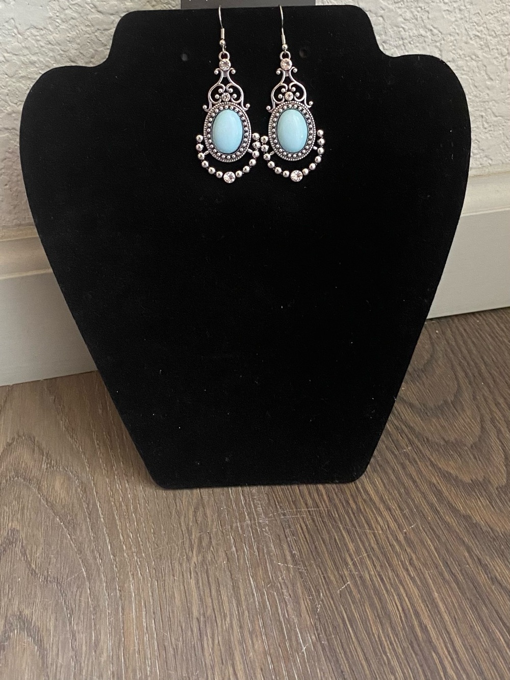 Blue Oval Stone Drop Earrings